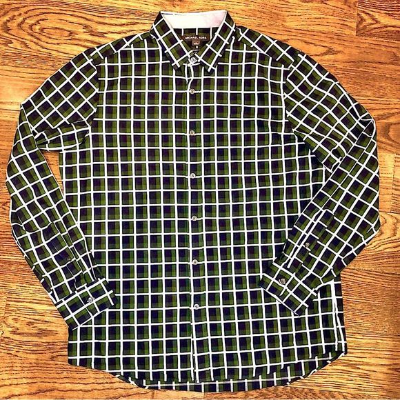 MICHAEL KORS Men’s Blue Green White Plaid Long Sleeve Button Down Shirt Sz LRG - Picture 3 of 11